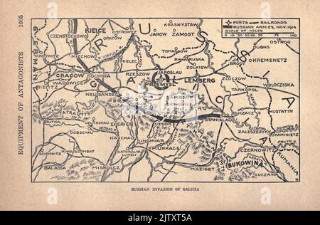 Carte de l'invasion russe de la Galice d'après le livre The Story of the Great War; The Complete Historical records of events to date DIPLOMATIQUES ET LES DOCUMENTS D'ÉTAT par Reynolds, Francis Joseph, 1867-1937; Churchill, Allen Leon; Miller, Francis Trevelyan, 1877-1959; Wood, Leonard, 1860-1927; Knight, Austin Melvin, 1854-1927; Palmer, Frederick, 1873-1958; Simonds, Frank Herbert, 1878-; Ruhl, Arthur Brown, 1876- publié en 1920 Banque D'Images