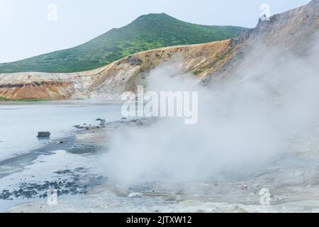 Sortie hydrothermale bouillante et à la vapeur sur la rive du lac chaud dans la caldeira du volcan Golovnin sur l'île de Kunashir Banque D'Images