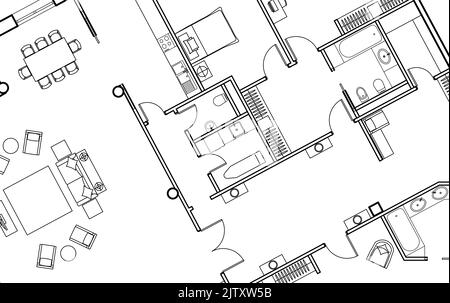 Arrière-plan architectural. Partie du projet architectural, plan architectural de l'appartement. Plan d'étage détaillé, aménagement de l'appartement, plan directeur. Illustration de Vecteur
