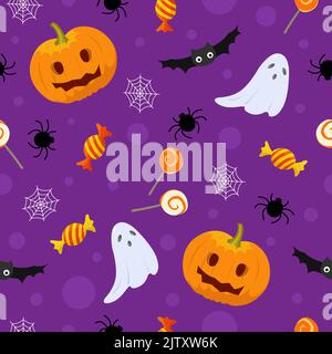 Motif Halloween sans coutures, style dessin animé plat. Citrouilles, chauves-souris et goustes. Illustration vectorielle Illustration de Vecteur