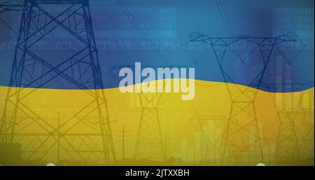 Image du drapeau de l'ukraine sur le terrain et les poteaux électriques Banque D'Images