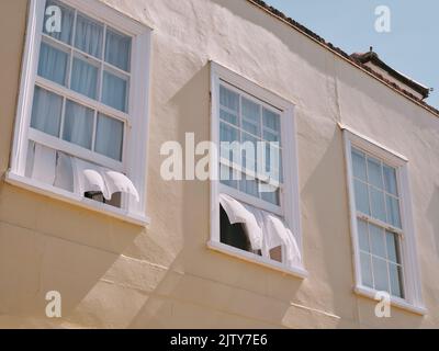 Fenêtres à guillotine ouvertes avec des rideaux de filet soufflant dans le vent - fenêtre d'été ventilation maison air frais - nettoyage de printemps - air frais - fenêtre ouverte Banque D'Images