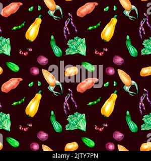 Variété de légumes colorés aquarelle motif sans couture sur foncé. Pommes de terre, haricots, concombres, feuilles de légumes, courgettes peintes à la main. Légumes pour Banque D'Images