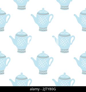 Théière en porcelaine peinte en bleu avec motif sans couture. Fond continu avec de magnifiques vaisselle en céramique. Impression pour textiles, emballages, papier Illustration de Vecteur