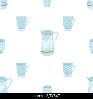 Cruches et tasses en porcelaine peintes en bleu à motif sans couture. Fond continu avec de magnifiques vaisselle en céramique. Impression pour textile, emballage, papier Illustration de Vecteur