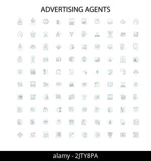agents publicitaires icônes, signes, symboles de contour, concept linéaire illustration collection de ligne Illustration de Vecteur