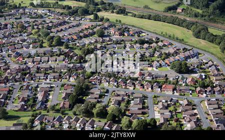 Vue aérienne d'un logement typique de classe moyenne dans le nord de l'Angleterre, au Royaume-Uni. Ce domaine particulier étant à l'ouest de Bolton. Banque D'Images