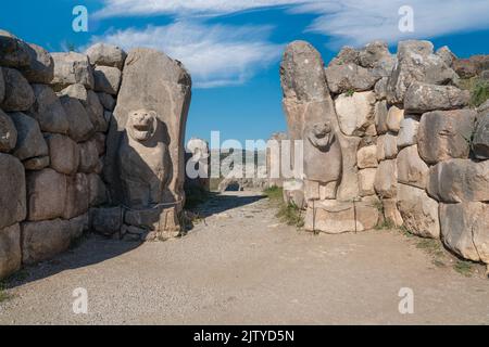 La porte du lion, située au sud-ouest de Hattusa, est une ancienne ville située près de la ville moderne de Bogazkale, dans la province de Corum, dans la région de la mer Noire en Turquie. Banque D'Images