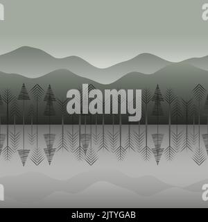 motif horizontal froid et calme avec forêt de conifères brumeux, reflet du lac et montagnes Illustration de Vecteur