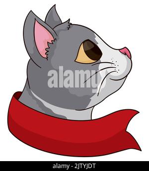 Chat mignon en profil de fourrure blanche et grise derrière le ruban rouge, isolé sur fond blanc. Illustration de Vecteur