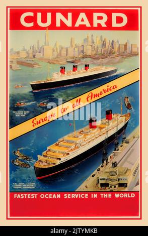 Affiche de service océanique la plus rapide de Cunard vintage présentant RMS Queen Mary et RMS Queen Elizabeth 'EUROPE TO ALL AMERICA' affiche de Cunard originale de Cunard de la reine Mary New York et de la reine Elizabeth Southampton 1930s 'le service océanique le plus rapide dans le monde' Banque D'Images
