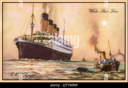 Navire jumeau RMS Olympic Ocean Liner à RMS Titanic. Illustration promotionnelle de l'artiste de carte postale. White Star Line au coucher du soleil évocateur. Pilote assistant dans le port. Carte postale olympique (vers 1934) Banque D'Images