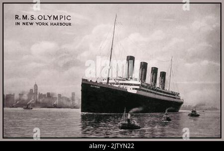 RMS Olympic (navire jumeau à RMS Titanic) dans le port de New York c1910 publicité de carte postale promotionnelle et communication de courrier passager. Banque D'Images