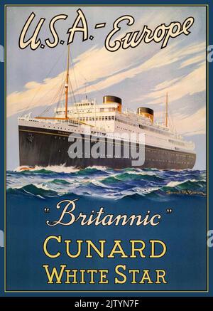 CUNARD BRITANNIC Vintage navire de croisière des années 1930 Ocean Liner Cunard ‘Brittanic’ White Star Line USA-Europe MV Brittanic Cunard Ocean Liner sous le drapeau blanc USA-Europe Banque D'Images