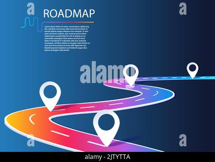 Infographie sur la feuille de route avec jalons. Concept d'entreprise pour la gestion de projet ou le voyage d'affaires. Illustration vectorielle d'une route sinueuse en mode sombre d Illustration de Vecteur