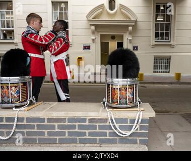 Wellington Barracks, Londres, Royaume-Uni. 2 septembre 2022. Dans le cadre du programme de modernisation de l’Armée de terre, « futur soldat », deux nouvelles compagnies de services publics de garde-pieds ont été créées, ressuscitant les traditions et l’ethos du bataillon historique et honoré de la bataille de 2nd gardes irlandaises (suspendu en 1947). La première de ces nouvelles sociétés, la compagnie numéro 12 Irish Guards, commence son premier mont de la Garde au Palais de Buckingham le 2 septembre après avoir formé et inspecté à la caserne de Wellington avant de marcher jusqu'au Palais de Buckingham. Image: Les batteurs de la bande des gardes irlandais se préparent derrière la scen Banque D'Images