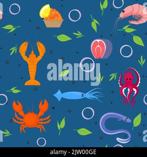 Poissons et crabe, crevettes et plie, thon et saumon, calmar, hareng et poulpe. Carrelage pour le restaurant ou le poisson Illustration de Vecteur