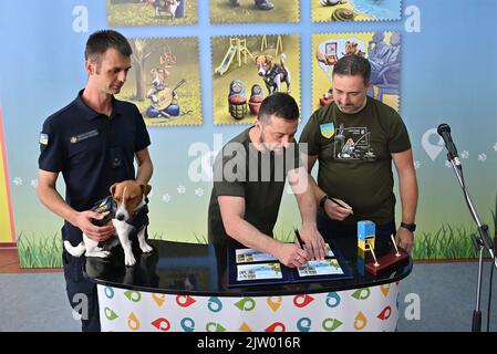 Irpin, Ukraine. 01st septembre 2022. Le président ukrainien Volodymyr Zelenskyy, au centre, ajoute sa signature à un timbre-poste nouvellement émis en l'honneur de patron de bombe, le chien qui a quitté, lors d'une cérémonie à l'école secondaire A. S. Makarenko, 1 septembre 2022 à Irpin, en Ukraine. En partant de la gauche : Mykhailo Iliev et son chien patron, le président ukrainien Volodymyr Zelenskyy et le directeur d'Ukrposhta Ihor Smilianski. Credit: Sarsenov Daniiar/Présidence ukrainienne/Alamy Live News Banque D'Images