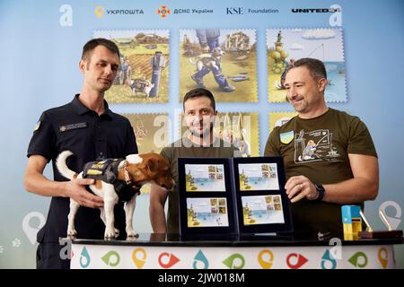 Irpin, Ukraine. 01st septembre 2022. Le président ukrainien Volodymyr Zelenskyy, au centre, lors d'un événement pour le nouveau timbre-poste en l'honneur de Patrón, le chien qui a renifleur la bombe, est parti, lors d'une cérémonie à l'école secondaire A. S. Makarenko, 1 septembre 2022 à Irpin, en Ukraine. En partant de la gauche : Mykhailo Iliev et son chien patron, le président ukrainien Volodymyr Zelenskyy et le directeur d'Ukrposhta Ihor Smilianski. Credit: Sarsenov Daniiar/Présidence ukrainienne/Alamy Live News Banque D'Images