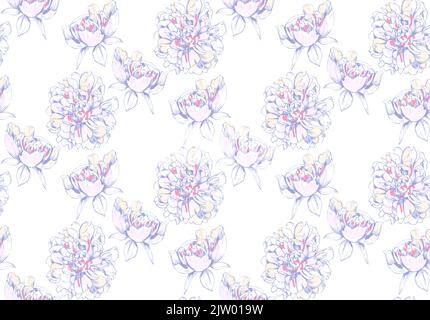 Motif sans couture de pivoines peintes. Rose pastel, jaune, bleu. Illustration de Vecteur