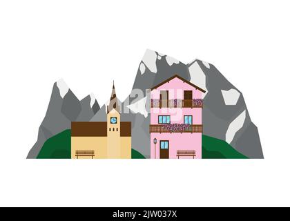 Maison privée ou chalet et église sur le paysage avec les montagnes alpines, collines vertes dans le style plat isolé sur fond blanc. Illustration de Vecteur