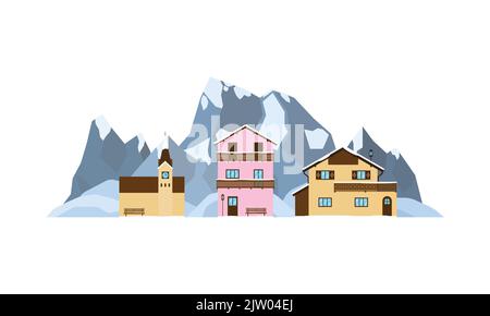 Maisons privées ou chalets et église sur le paysage avec des montagnes alpines enneigées, collines dans le style plat isolé sur fond blanc. Illustration de Vecteur