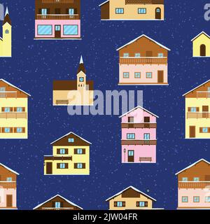 Motif sans couture avec maisons, chalets, hôtels et églises en bois alpin d'hiver dans un style plat. Illustration de Vecteur