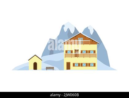 Maison privée ou chalet sur le paysage avec des montagnes alpines enneigées et des collines dans le style plat isolé sur fond blanc. Illustration de Vecteur