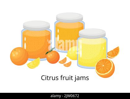 Caricature de confitures ou marmelades d'agrumes en verre avec des fruits isolés sur fond blanc. Illustration de Vecteur