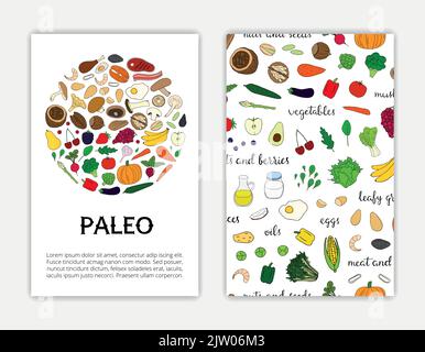 Modèles de cartes avec des aliments paléoalimentaires colorés dessinés à la main. Masque d'écrêtage utilisé. Illustration de Vecteur