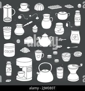 Ensemble de café, thé et cacao dessinés à la main, isolés sur le tableau noir. Illustration de Vecteur