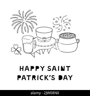 Composition des éléments dessinés à la main pour la fête de la Saint patrick avec lettrage. Illustration de Vecteur