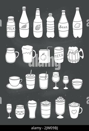 Ensemble de différentes boissons liquides dessinées à la main isolées sur le tableau noir. Illustration de Vecteur