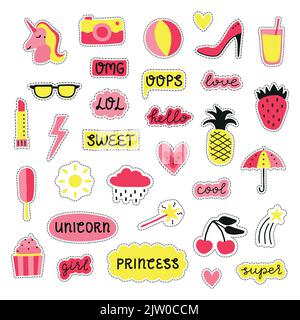 Collection d'autocollants pop girly, de timbres, de épingles de couleur rose et jaune isolés sur fond blanc. Illustration de Vecteur