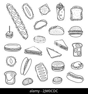 Ensemble de différents sandwiches dessinés à la main et hamburgers isolés sur fond blanc. Illustration de Vecteur