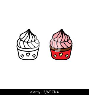 Cake à la main de couleur et contour avec crème isolée sur fond blanc. Illustration de Vecteur