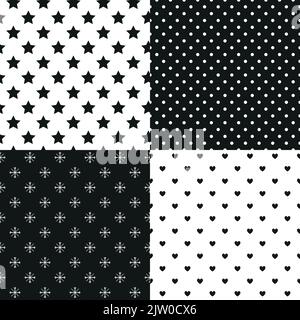 Ensemble de motifs simples sans coutures avec coeurs, flocons de neige, étoiles et pois. Illustration de Vecteur