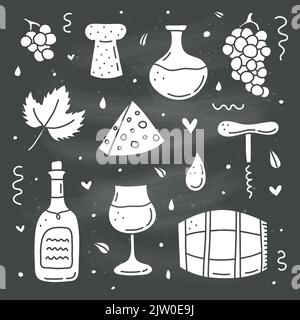 Ensemble d'icônes de vin blanc en forme de doodle isolées sur le tableau noir. Illustration de Vecteur