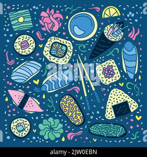 Sushi, petits pains, baguettes, wasabi, gingembre et symboles isolés sur fond bleu. Illustration de Vecteur