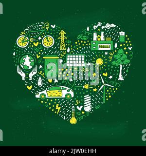 Doodle coloré écologie et l'environnement icônes composées en forme de coeur sur tableau noir vert. Illustration de Vecteur