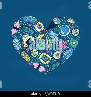 Sushi, petits pains, baguettes, wasabi, gingembre et symboles en forme de coeur. Illustration de Vecteur
