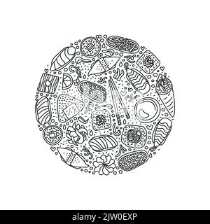 Les sushi, les rouleaux, les baguettes, le wasabi, le gingembre et les symboles en forme de cercle sont présentés par Doodle. Illustration de Vecteur