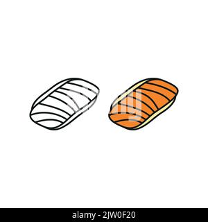 Doodle sushi de couleur et de contour de saké avec poisson de saumon isolé sur fond blanc. Illustration de Vecteur