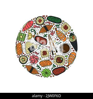 Sushi, petits pains, baguettes, wasabi, gingembre et symboles en forme de cercle. Illustration de Vecteur