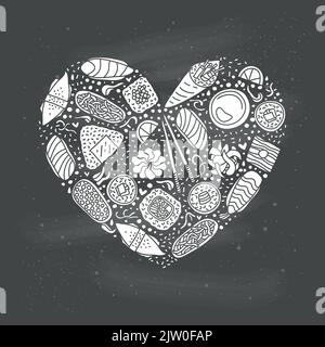 Sushi Doodle, petits pains, baguettes, wasabi, gingembre et symboles en forme de coeur. Illustration de Vecteur