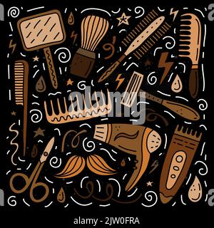 Ensemble de barbiers de couleur icônes avec des lignes, des symboles autour isolé sur fond marron foncé. Illustration de Vecteur