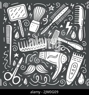 Ensemble d'icônes de barbier avec des lignes, des symboles autour isolés sur le tableau noir. Illustration de Vecteur