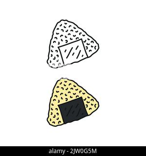 Décor Doodle et sushis onigiri colorés isolés sur fond blanc. Illustration de Vecteur