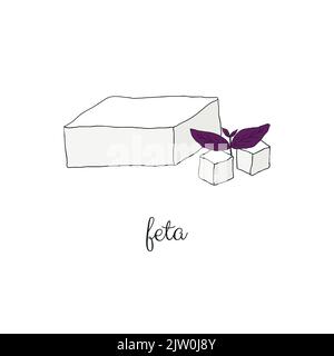 Fromage feta coloré dessiné à la main avec basilic violet isolé sur fond blanc. Illustration de Vecteur