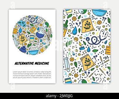 Modèles de carte avec doodle coloré médecine alternative et ayurveda icônes. Masque d'écrêtage utilisé. Illustration de Vecteur